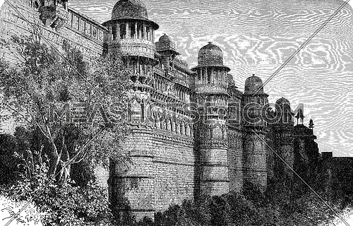 King's Palace Pal, in the fortress of Gwalior, vintage engraved illustration. Le Tour du Monde, Travel Journal, (1872).