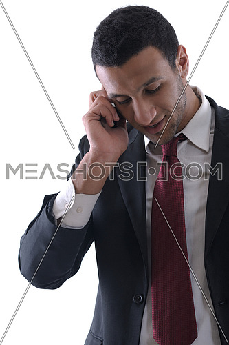 Portrait of a business man talk with cell mobile  phone isolated on white background. Studio shot communication concept