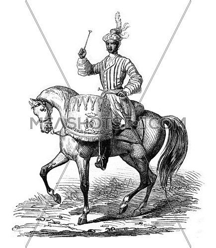 Timpanist General of the cavalry colonel in 1724, vintage engraved illustration. Magasin Pittoresque 1869.
