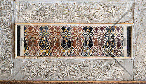Architectural detail of a decorative mosaic colored panel, Mosque of Sultan Qalawun, Cairo, Egypt