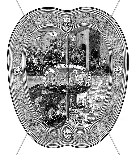 Shield is believed belonged to Charles V, vintage engraved illustration. Magasin Pittoresque 1847.