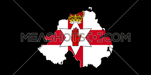 Northern Ireland Ulster Banner. Map With Flag On It Isolated On Black Background 3D illustration