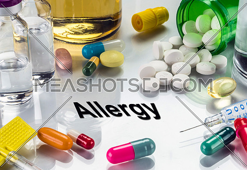 Allergy, medicines as concept of ordinary treatment, conceptual image