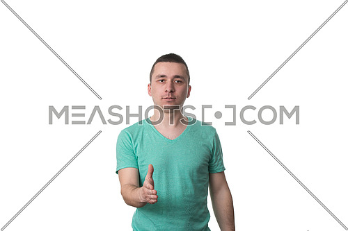 Portrait Of Young Man Giving Hand For Handshake - Isolated On White Background