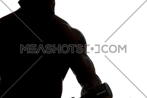 Silhouette Young Muscular Bodybuilder Guy Doing Exercises With Dumbbells Over White Background