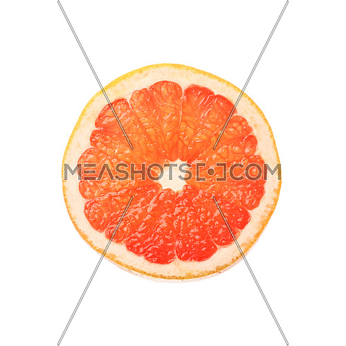 Close up one round thin cut slice of fresh pink grapefruit, backlit and isolated on white background