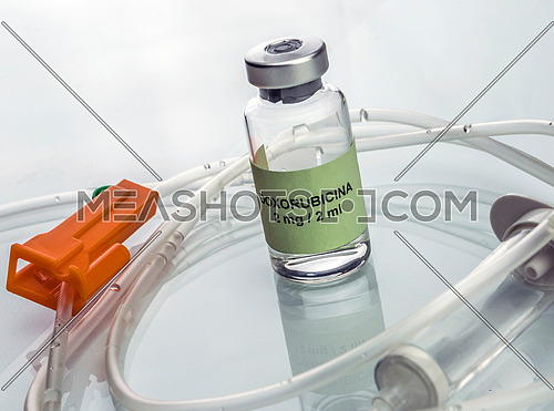 Doxorubicin Vial with drip irrigation, medicine used for acute lymphatic leukemia disease, conceptual image