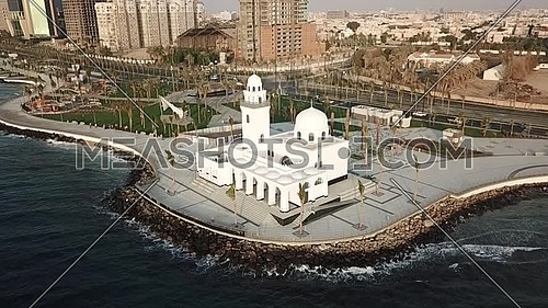 drone shot of the Jeddah mosque water front