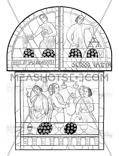 Thirteenth century, Stained glass windows of the cathedral of Le Mans, representative of the coin, vintage engraved illustration. Magasin Pittoresque 1845.