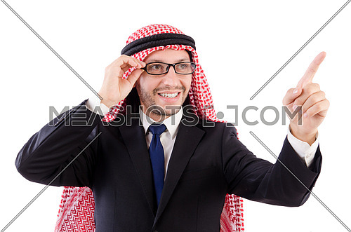 Arab man in specs pressing virtual buttons isolated on white 