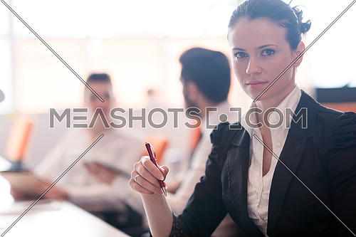 portrait  of woman while holding pen on business meeting