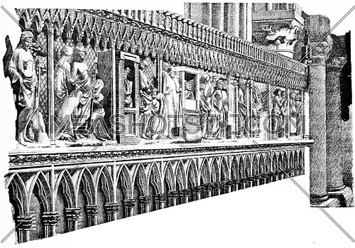 The stalls of the choir, vintage engraved illustration. Paris - Auguste VITU â 1890.