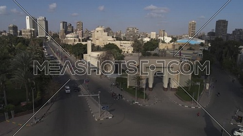 Aerial shot flying over Cairo Downtown empty streets showing Cairo Opera House and Saad Zaghloul Statue during the corona pandemic lockdown by day 10 April 2020
