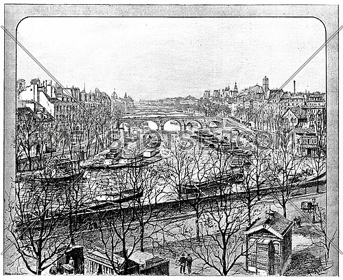 View from the Boulevard Henri IV on the right arm of the Seine, vintage engraved illustration. Paris - Auguste VITU â 1890.