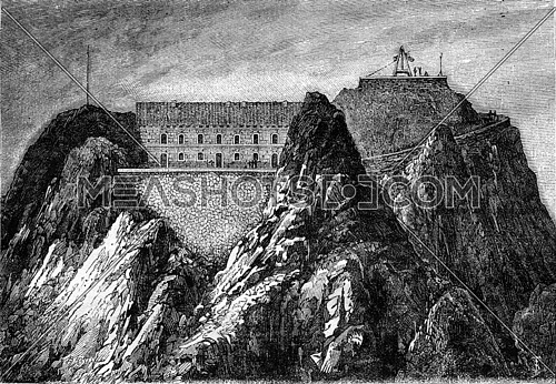 The new Observatory of the Pic du Midi, vintage engraved illustration. Magasin Pittoresque 1880.