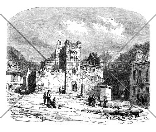 Church of the Knights Templar was Luz, vintage engraved illustration. Magasin Pittoresque 1852.