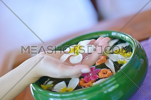 spa and beauty female hand and flower in water
