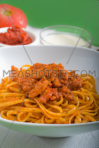 italian spaghetti pasta with fresh homemade tomato and chicken sauce