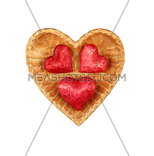 Close up three red painted natural wooden carved hearts in heart shaped bowl isolated on white background
