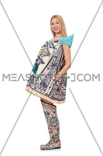 Woman in blue dress with oriental prints isolated on white