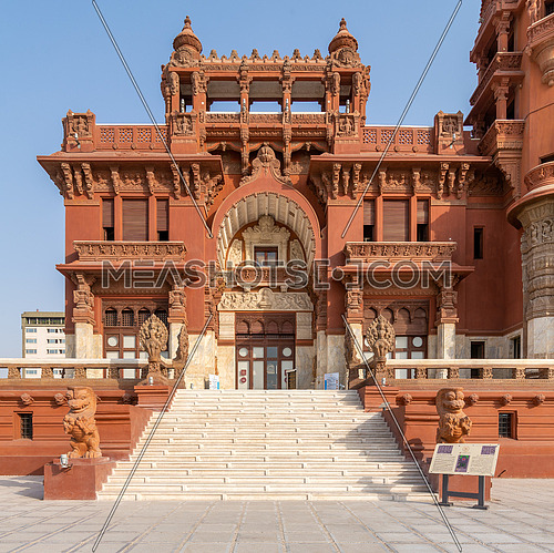 Front facade of Baron Empain Palace, a historic mansion inspired by the Cambodian Hindu temple of Angkor Wat, located in Heliopolis district, Cairo, Egypt
