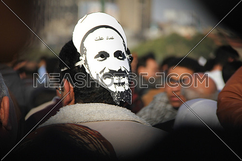 A man from his back wearing sheikh emad effat mask in a protest