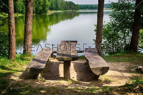 Rustic wooden table and benches under shady trees on the shores of a tranquil river or lake with waterfowl swimming by and reflection of the surrounding forest on the water