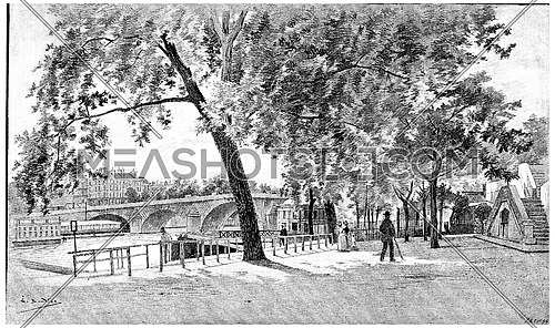 The Pont-Royal seen from the right bank, near the baths Vigier, vintage engraved illustration. Paris - Auguste VITU â 1890.