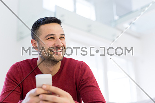 Handsome casual young man using a mobile phone at  home