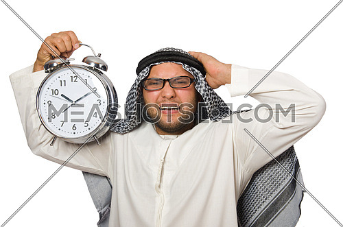 Arab man with clock isolated on white