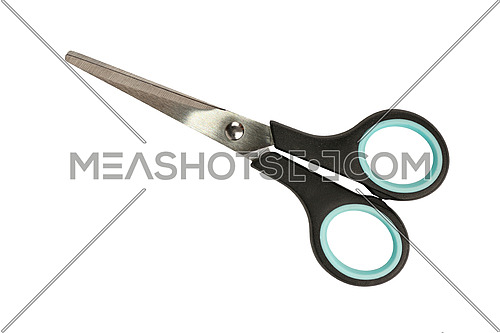 Close up of small modern office stationery metal closed scissors with black and blue plastic handle isolated on white background