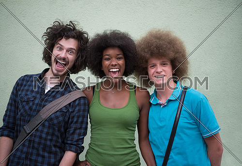 Portrait of multiethnic group of happy three friends in casual wear standing and laughing