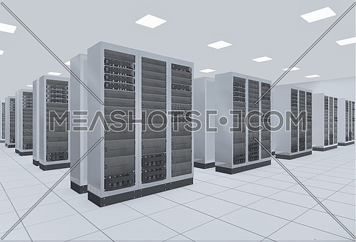 computer network server room 3d render representing internet and  hosting company  and data center concept