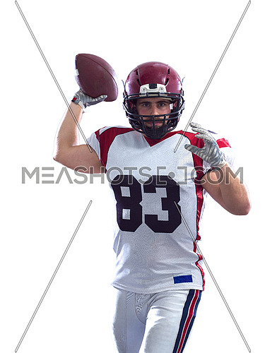 one quarterback american football player throwing ball isolated on white background