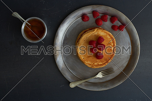 Pan Cakes with red berries and honey top angel
