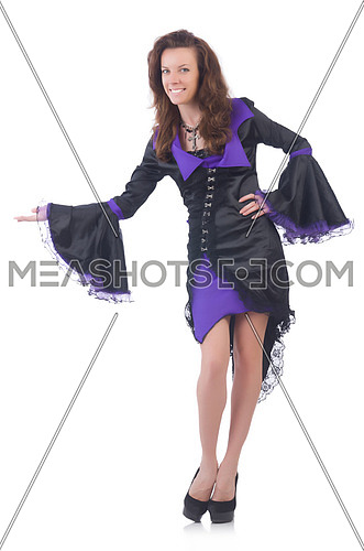 Girl wearing violet and black dress isolated on white
