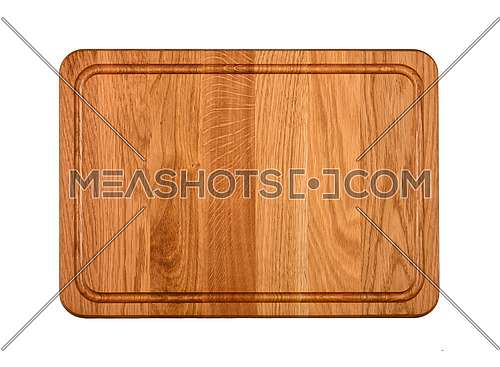Close up of one rectangle shaped brown oak wood kitchen cutting board with blood channel isolated on white background