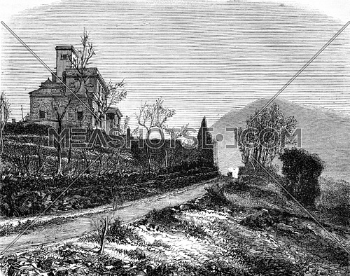 The Vesuvius Observatory, vintage engraved illustration. Magasin Pittoresque 1877.