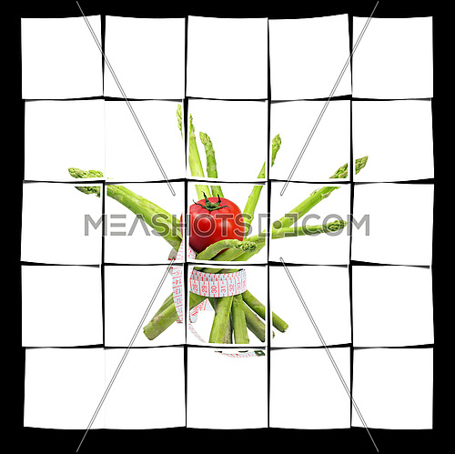 asparagus and tomato with a meter around ,isolated on white background