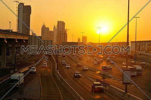 traffic jam in big city at sunset