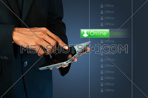 Business man with online button
