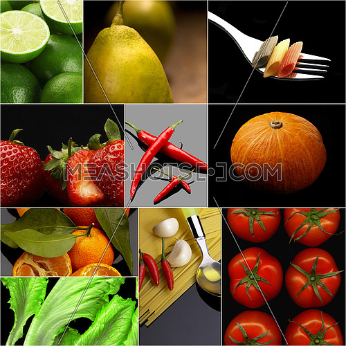 Organic Vegetarian Vegan dietetic  food collage  dark mood