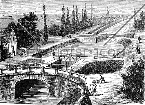 Lock of the Canal du Centre, vintage engraved illustration. Industrial encyclopedia E.-O. Lami - 1875.