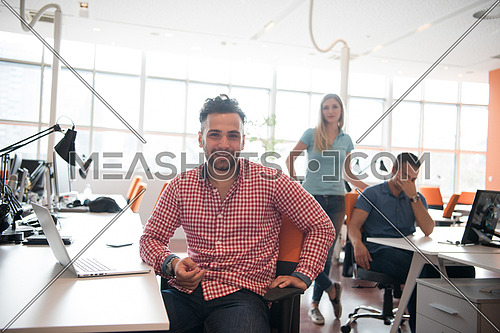 Portrait of smiling young informal businessman with colleagues in background at the office