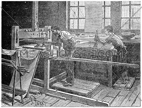 Printing table to the board, vintage engraved illustration. Industrial encyclopedia E.-O. Lami - 1875.
