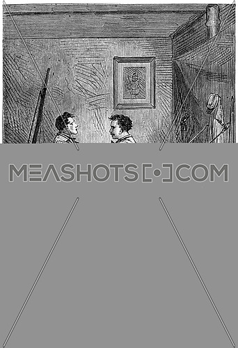 Emery shaking hands, vintage engraved illustration. Jules Verne 3 Russian and 3 English, 1872.