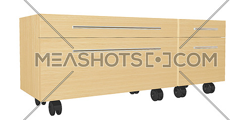 Bedroom dresser with drawers, on wheels, isolated against a white background
