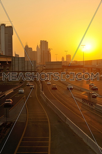 traffic jam in big city at sunset