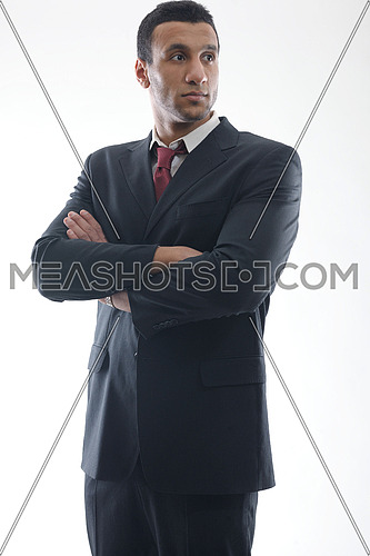 Portrait of happy smiling young arab business man isolated on white background
