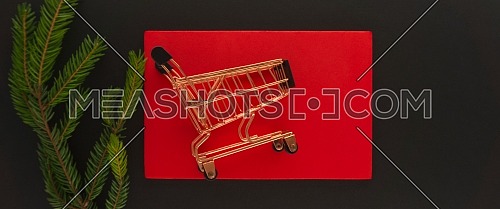 Fir branch and golden shopping cart on black background with red banner for text in a panoramic format to use as header or web banner